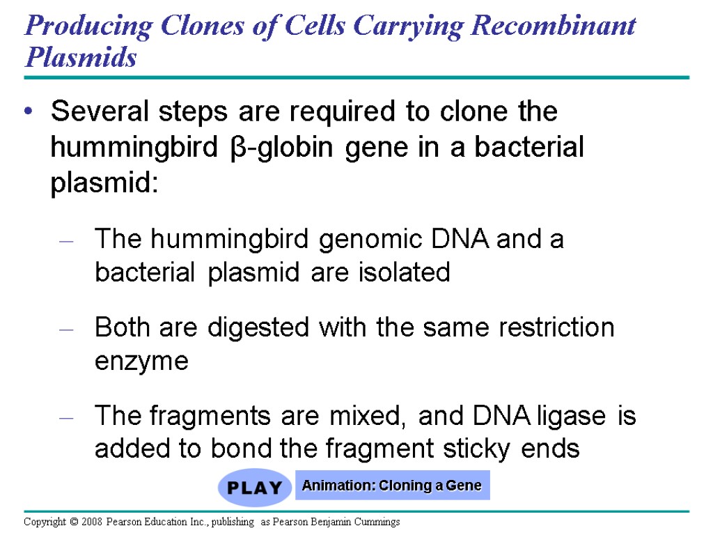 Producing Clones of Cells Carrying Recombinant Plasmids Several steps are required to clone the